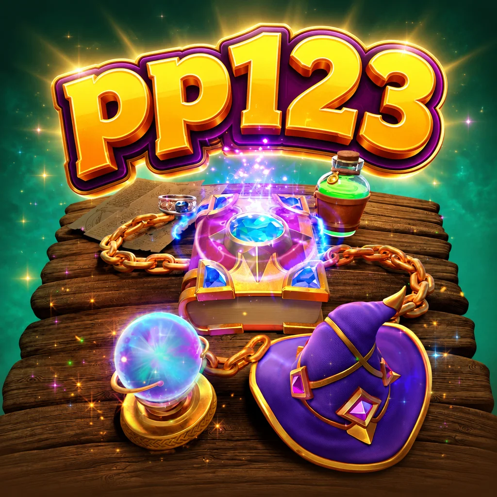 Teks pp123 dengan buku mantra berkilau, topi sihir, dan bola kristal Alchemy Gold