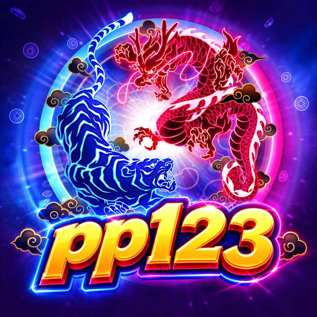 Logo pp123 di atas visual naga merah dan harimau biru dalam Dragon Tiger Luck