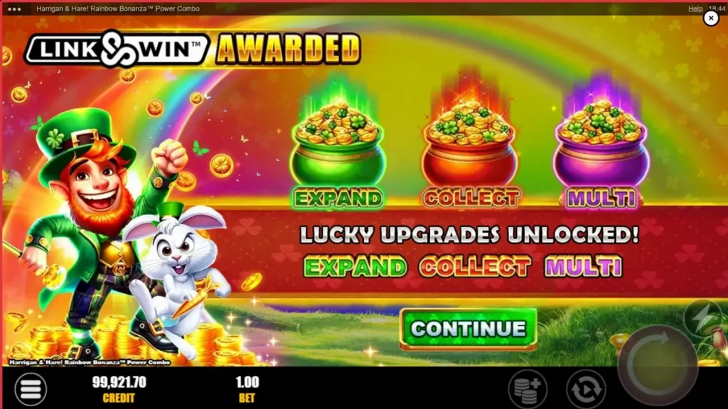 Tampilan akhir slot Harrigan & Hare Rainbow Bonanza Power Combo dengan leprechaun dan kelinci di lanskap Irlandia