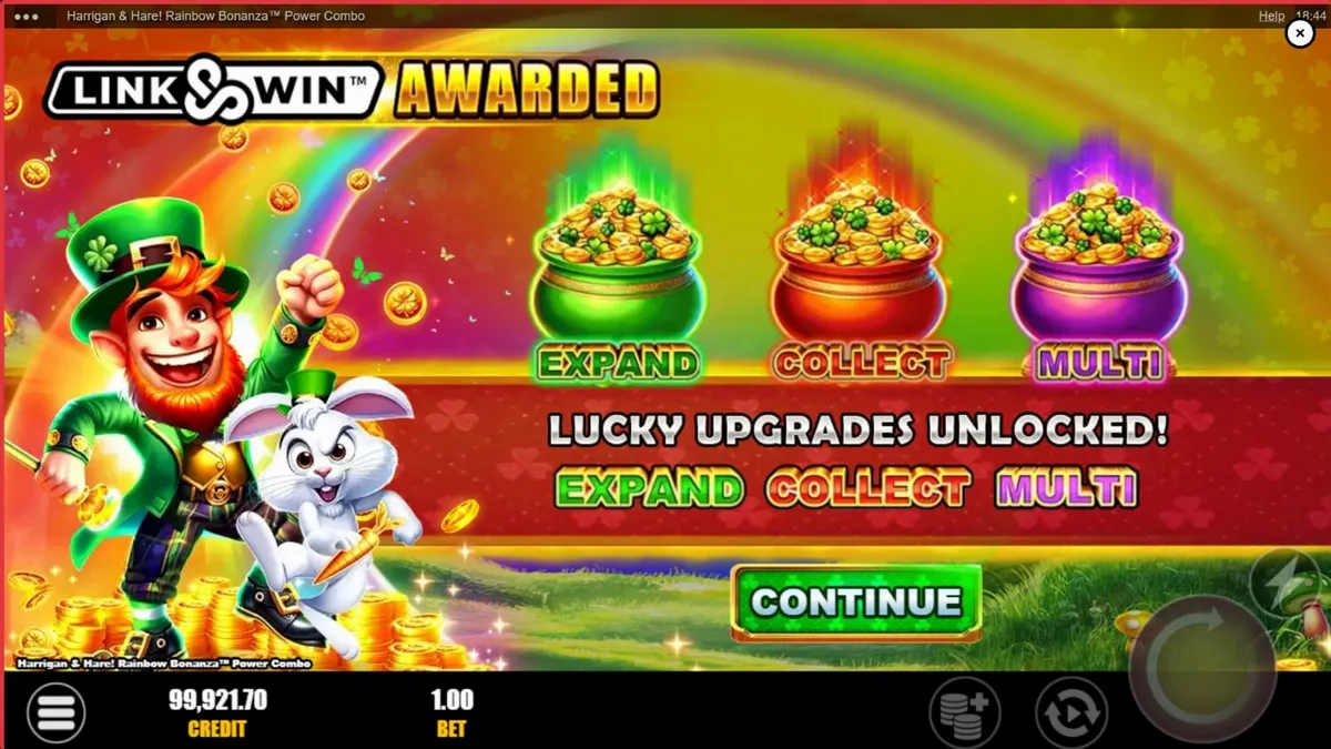Tampilan akhir slot Harrigan & Hare Rainbow Bonanza Power Combo dengan leprechaun dan kelinci di lanskap Irlandia